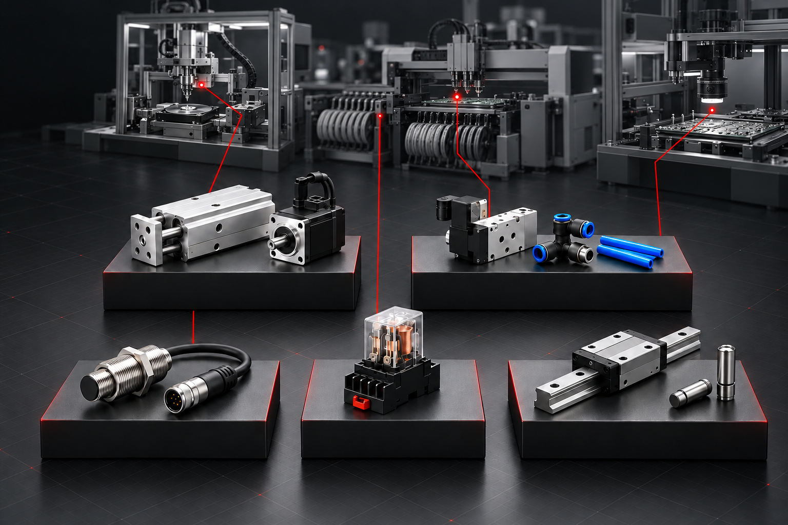 3D industrial machinery inspired by HDD, EMS and PCBA production with standard components
